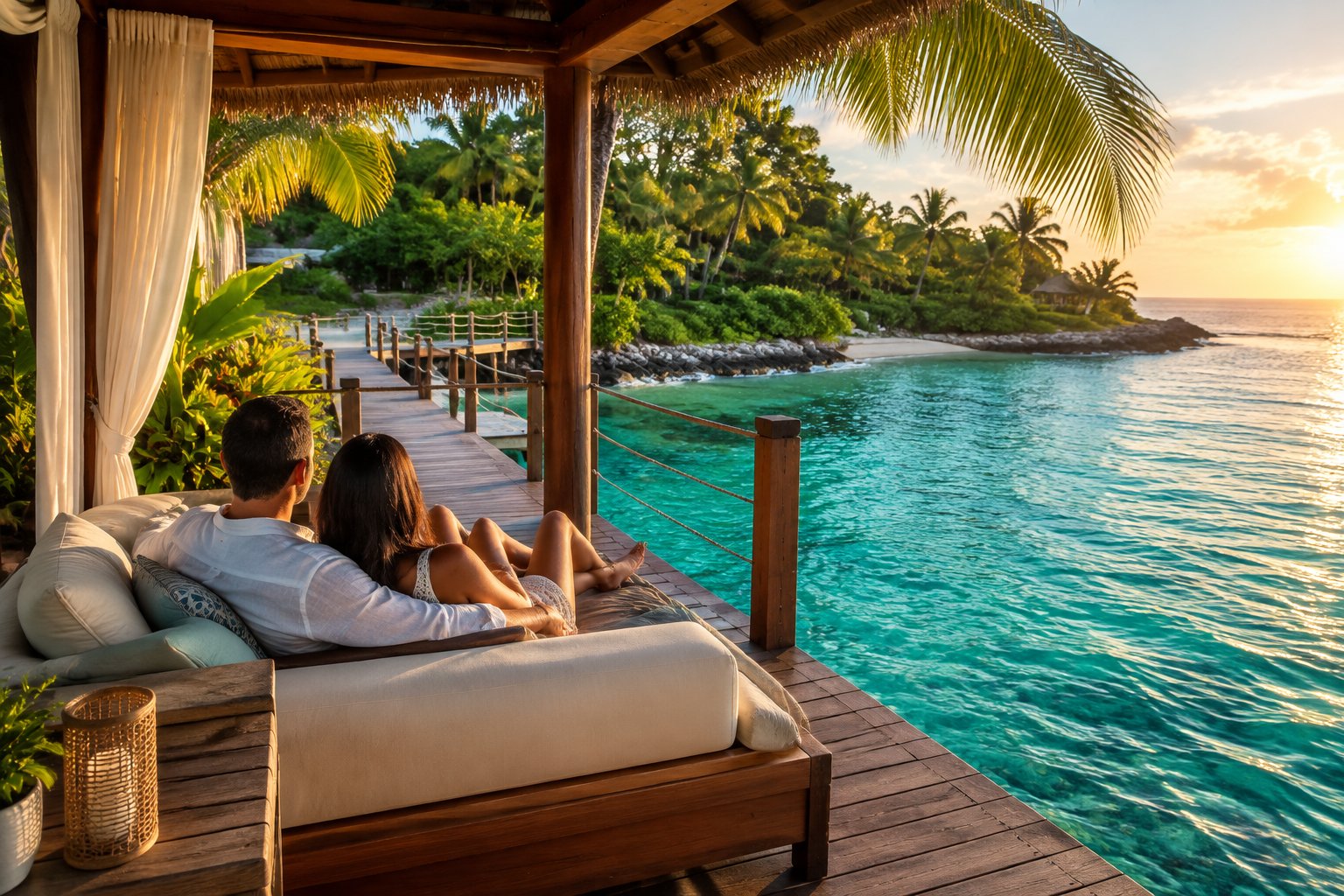 A couple relaxes on a villa deck above turquoise Caribbean water.
