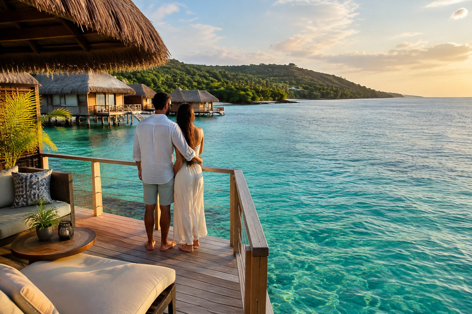 A couple stands on an overwater villa deck overlooking clear Caribbean water and nearby tropical villas.