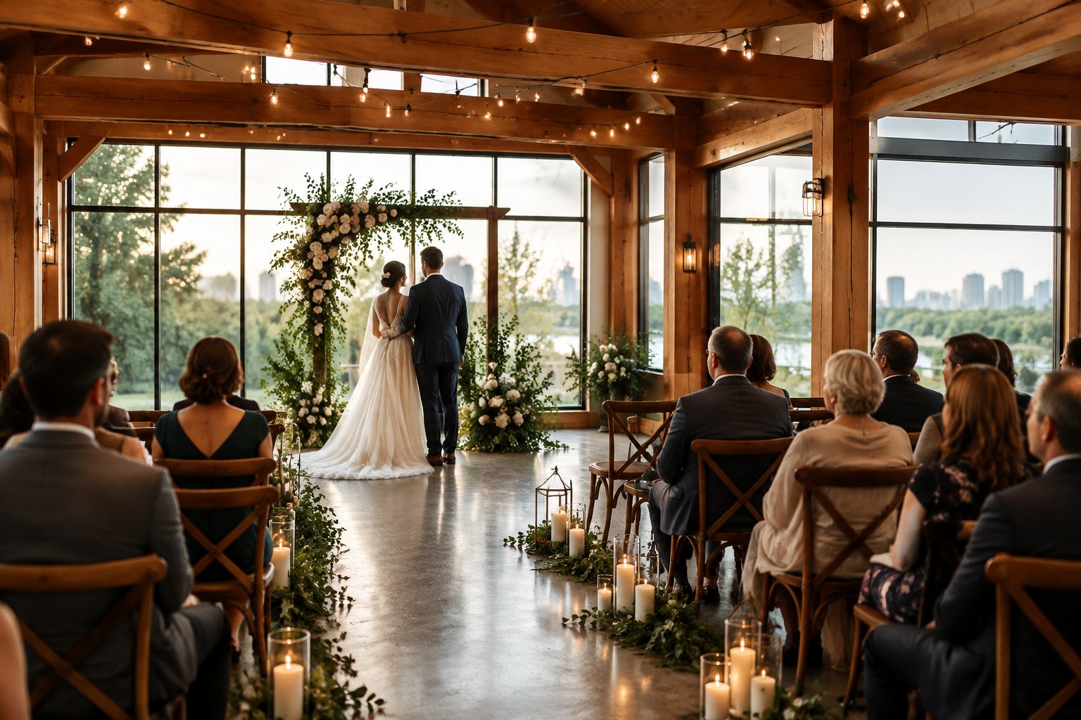 A couple stands together in a warmly decorated wedding venue as guests gather nearby.