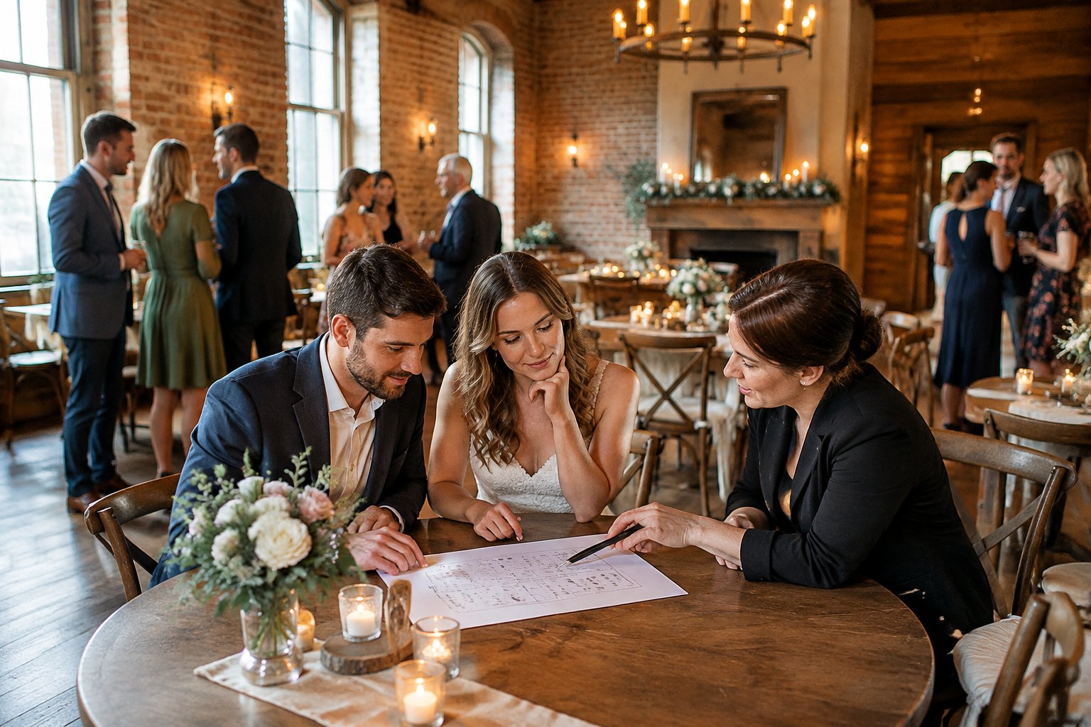 A couple and venue coordinator review a seating plan while guests gather in a small wedding venue.