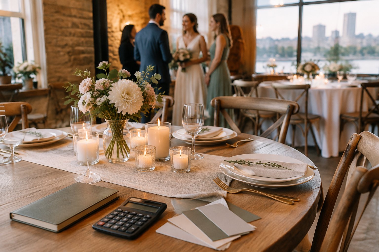 A small wedding reception table with flowers, candles, a notebook, and a calculator.