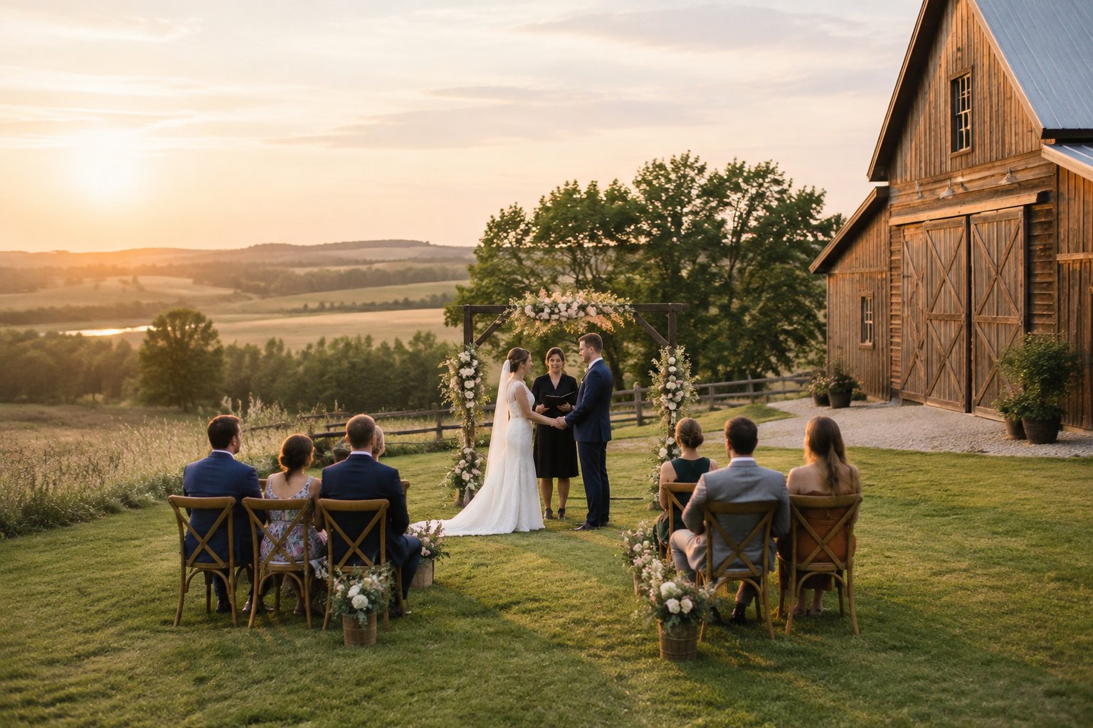A couple celebrates with guests beside a barn in a rural landscape.