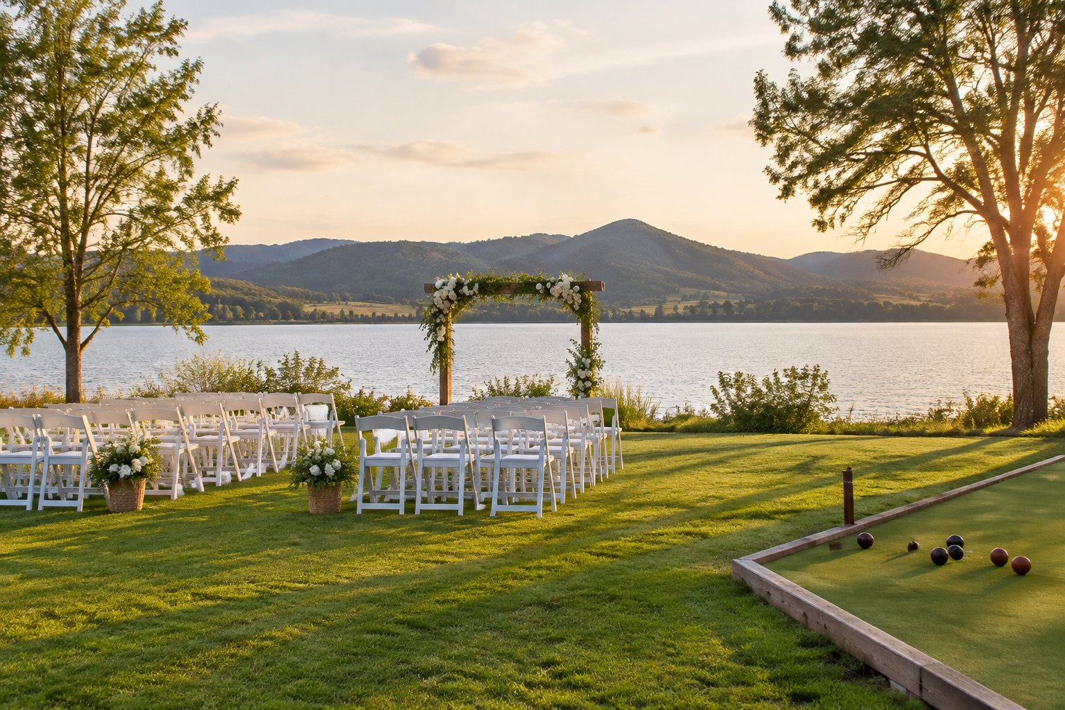 A lakeside wedding venue with a ceremony setup and a small lawn-bowling area.