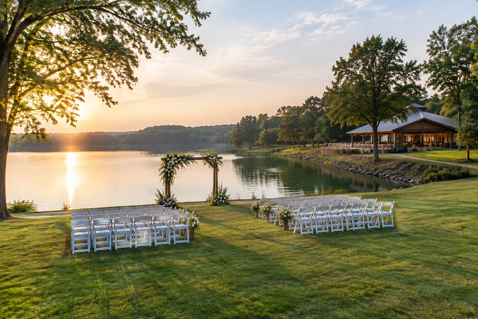 An outdoor wedding ceremony setup beside a calm lake.