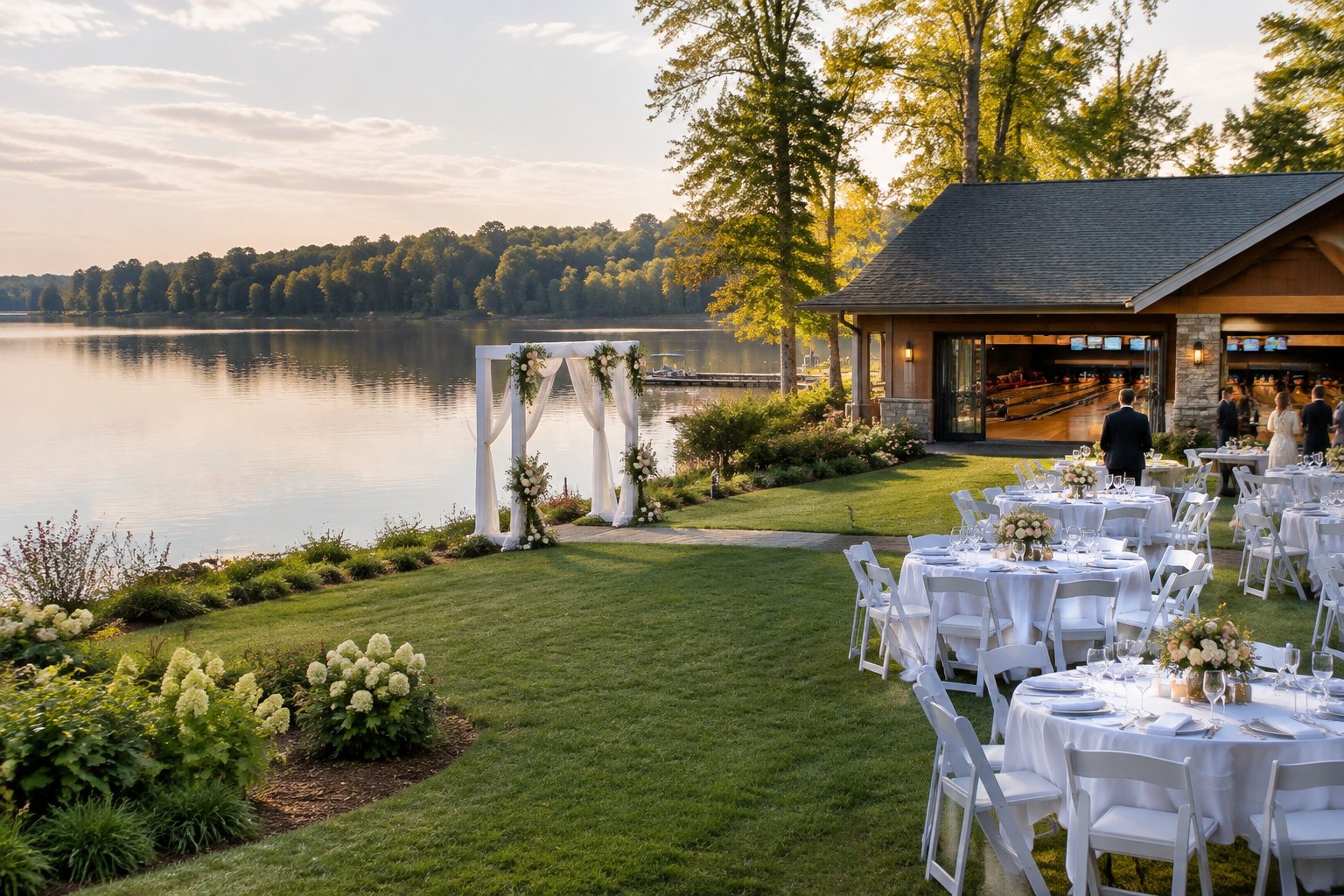 A lakeside wedding reception beside a bowling venue.