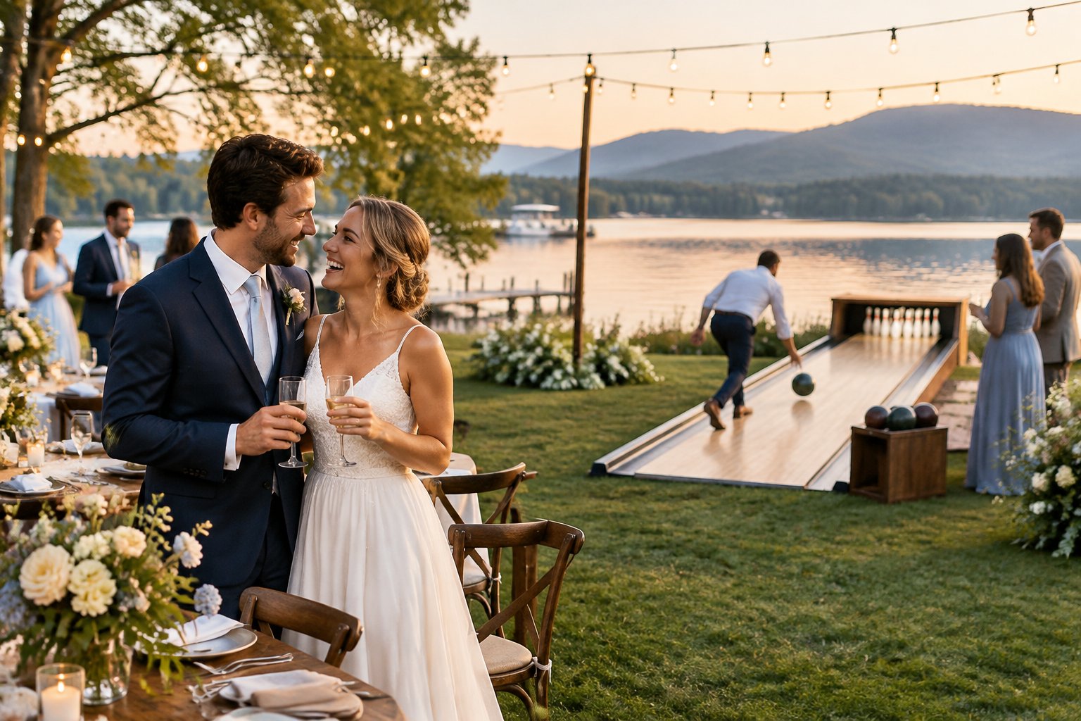 A couple celebrates with guests at a lakeside wedding reception while others bowl nearby.