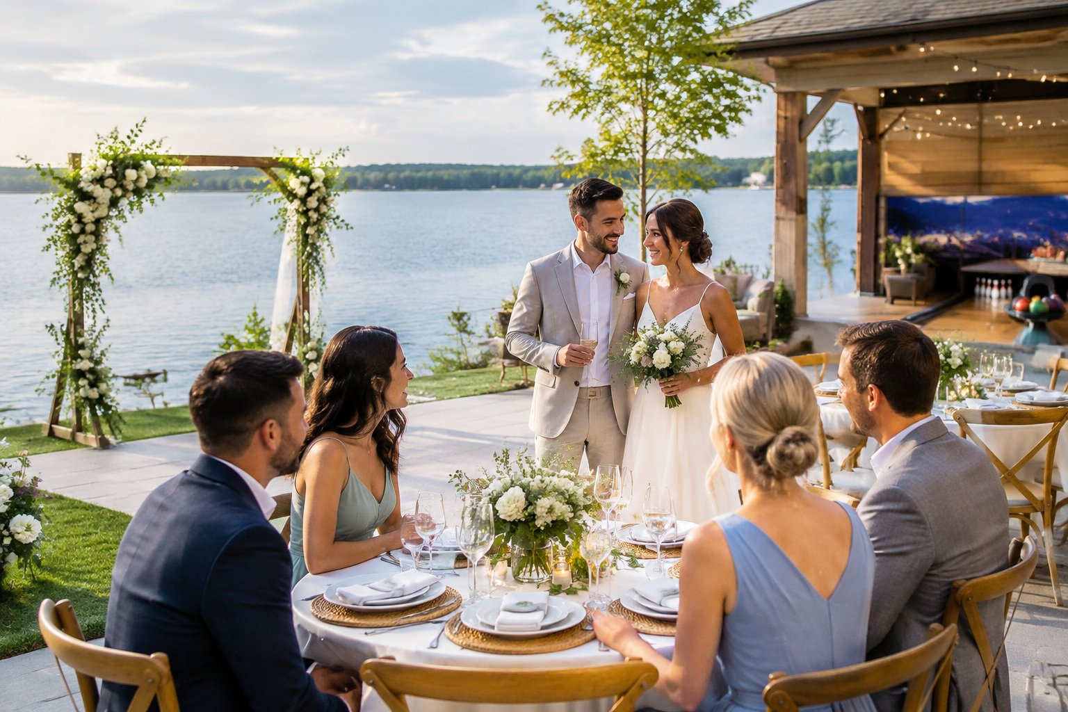 A couple and guests celebrate at a lakeside wedding reception near a bowling venue.