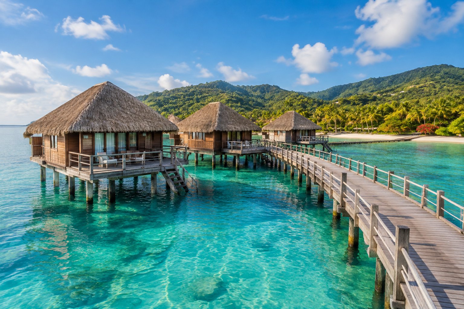 Overwater bungalows connected by a boardwalk above turquoise water near a tropical shoreline.