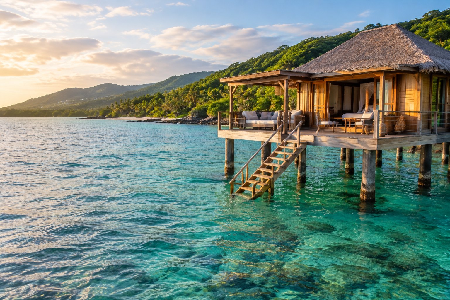 A wooden overwater villa stands above clear turquoise water near Jamaica’s green coastline.