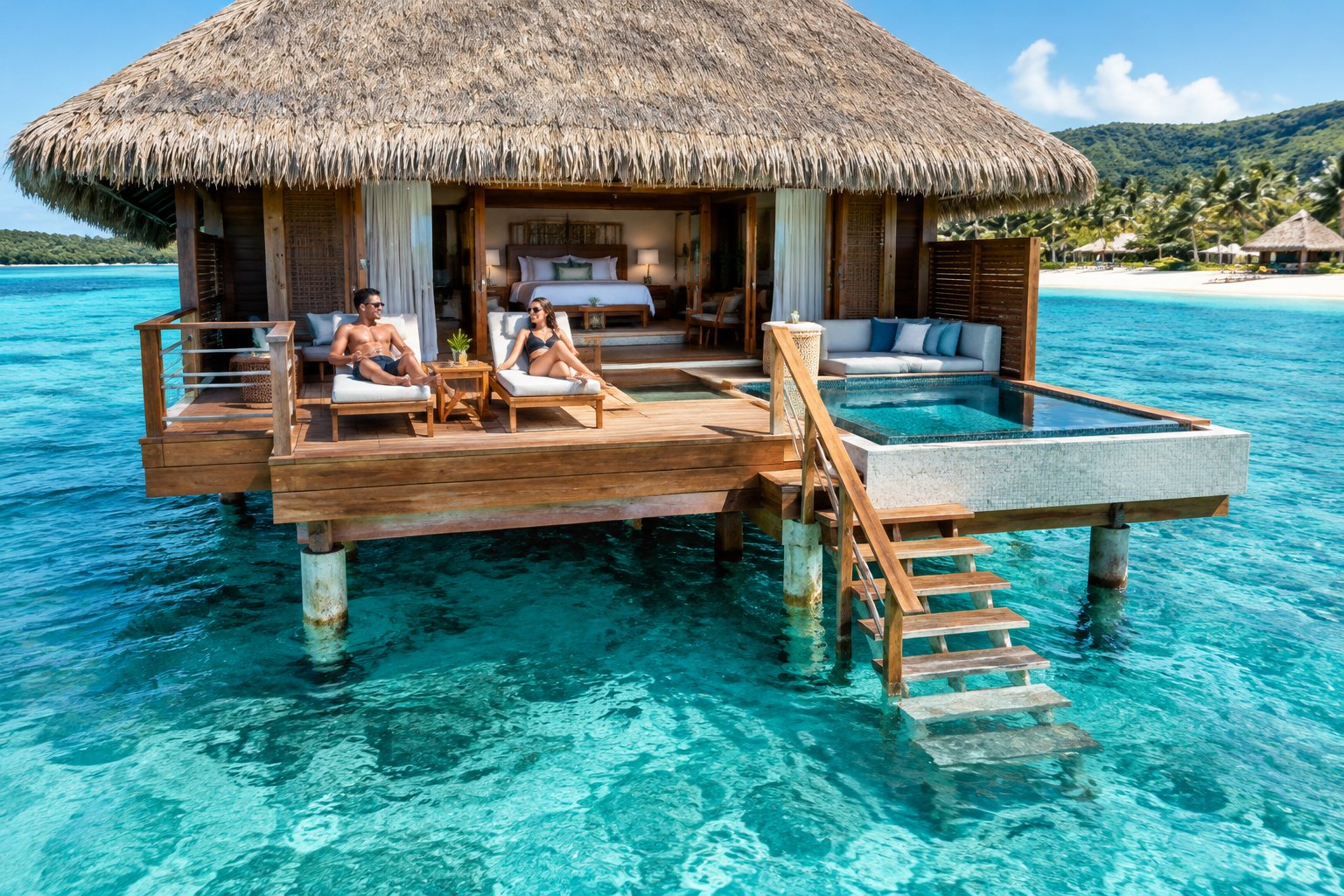 An overwater villa with a private deck above clear turquoise water.