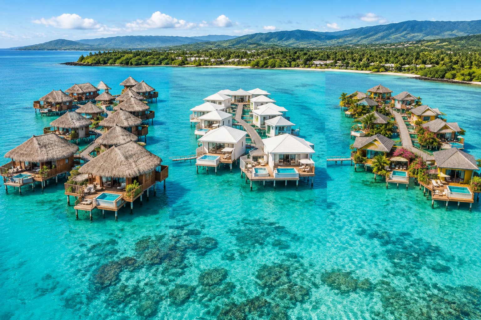 Three overwater bungalow resorts sit above turquoise water near Jamaica’s green coastline.