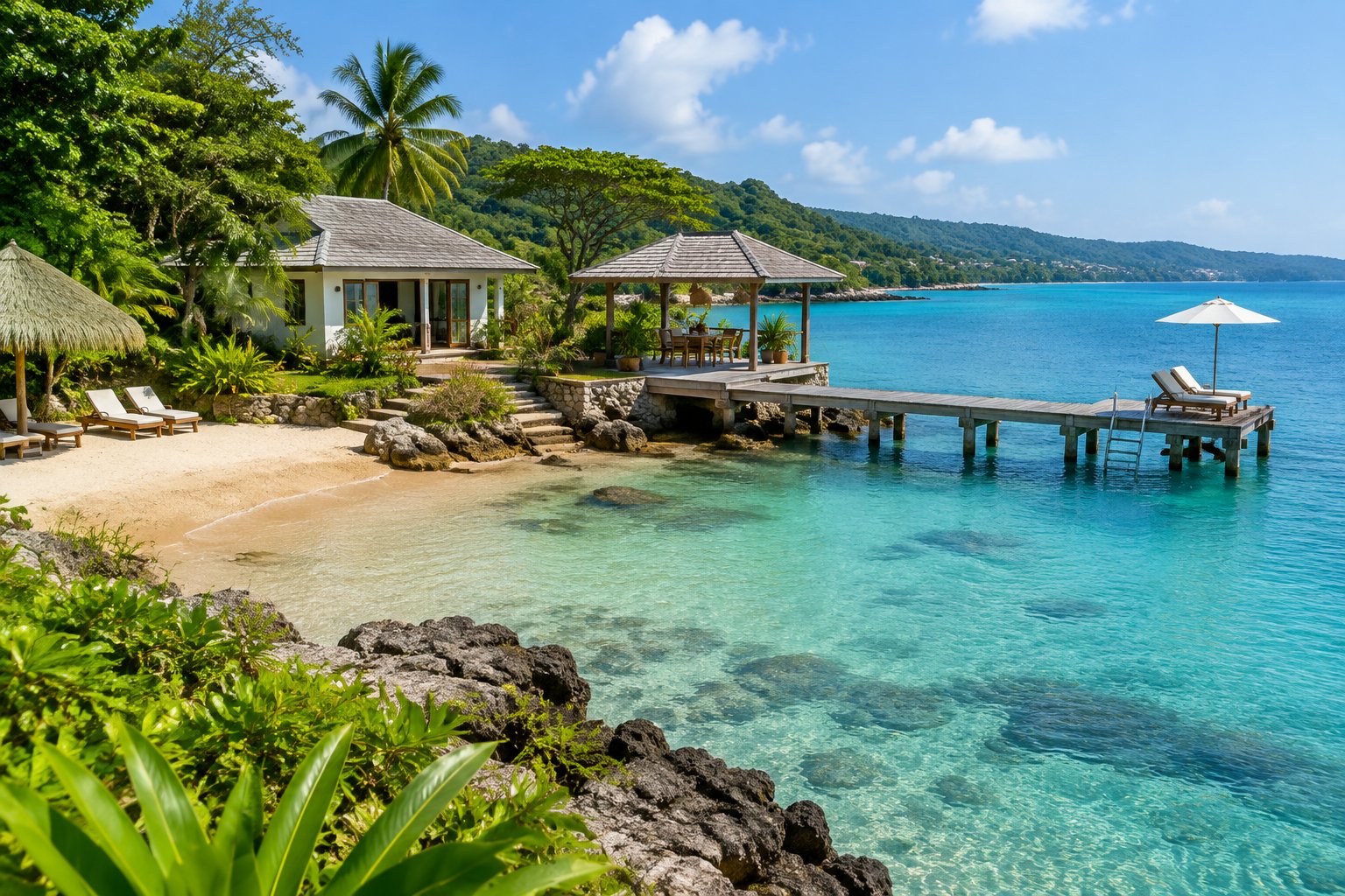 A tropical Jamaican resort cottage and wooden pier beside clear turquoise water.