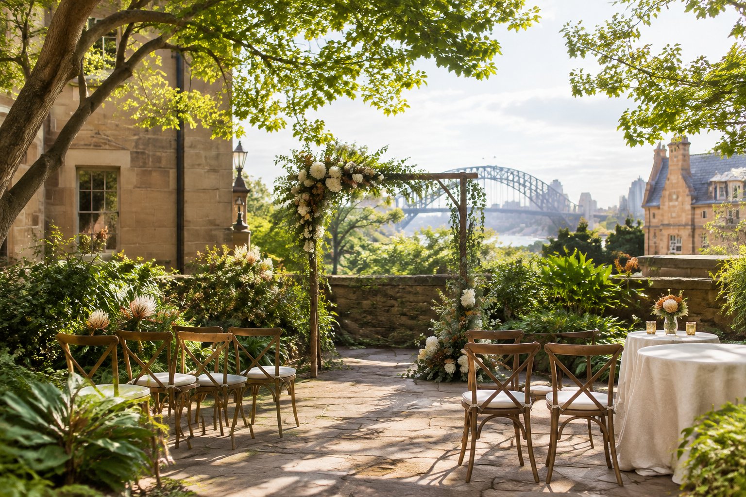 A small wedding ceremony in a leafy Sydney garden courtyard.