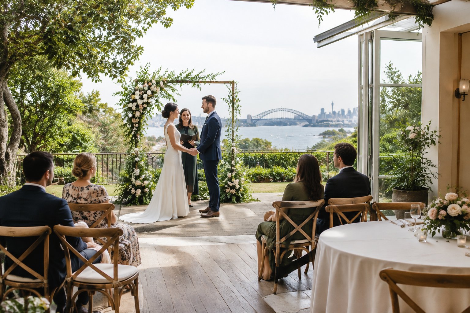 A couple holds a small wedding ceremony in a garden venue overlooking Sydney Harbour.