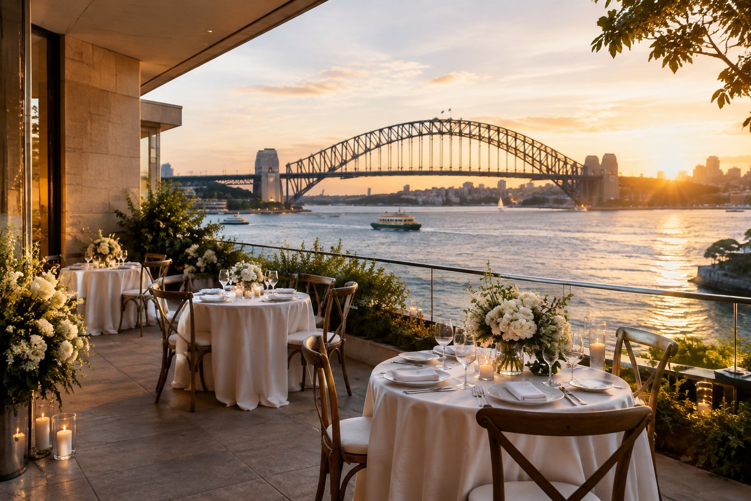 An intimate wedding reception set on a terrace overlooking Sydney Harbour.