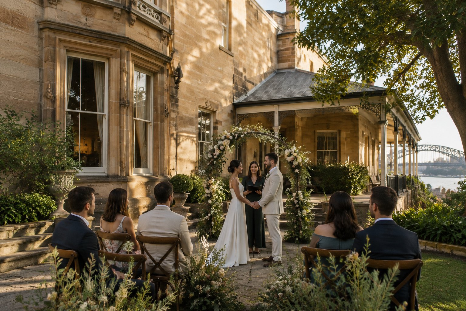 A couple exchanges vows in the garden courtyard of a historic sandstone venue as guests look on.