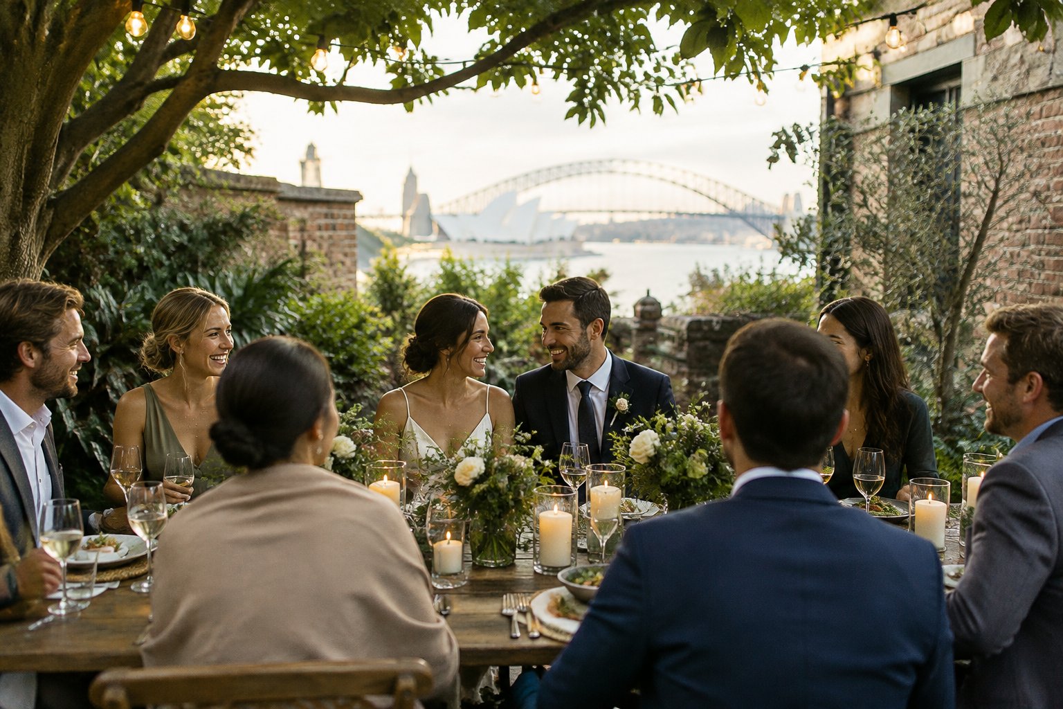 A couple celebrates with a small group of guests at a garden restaurant in Sydney.