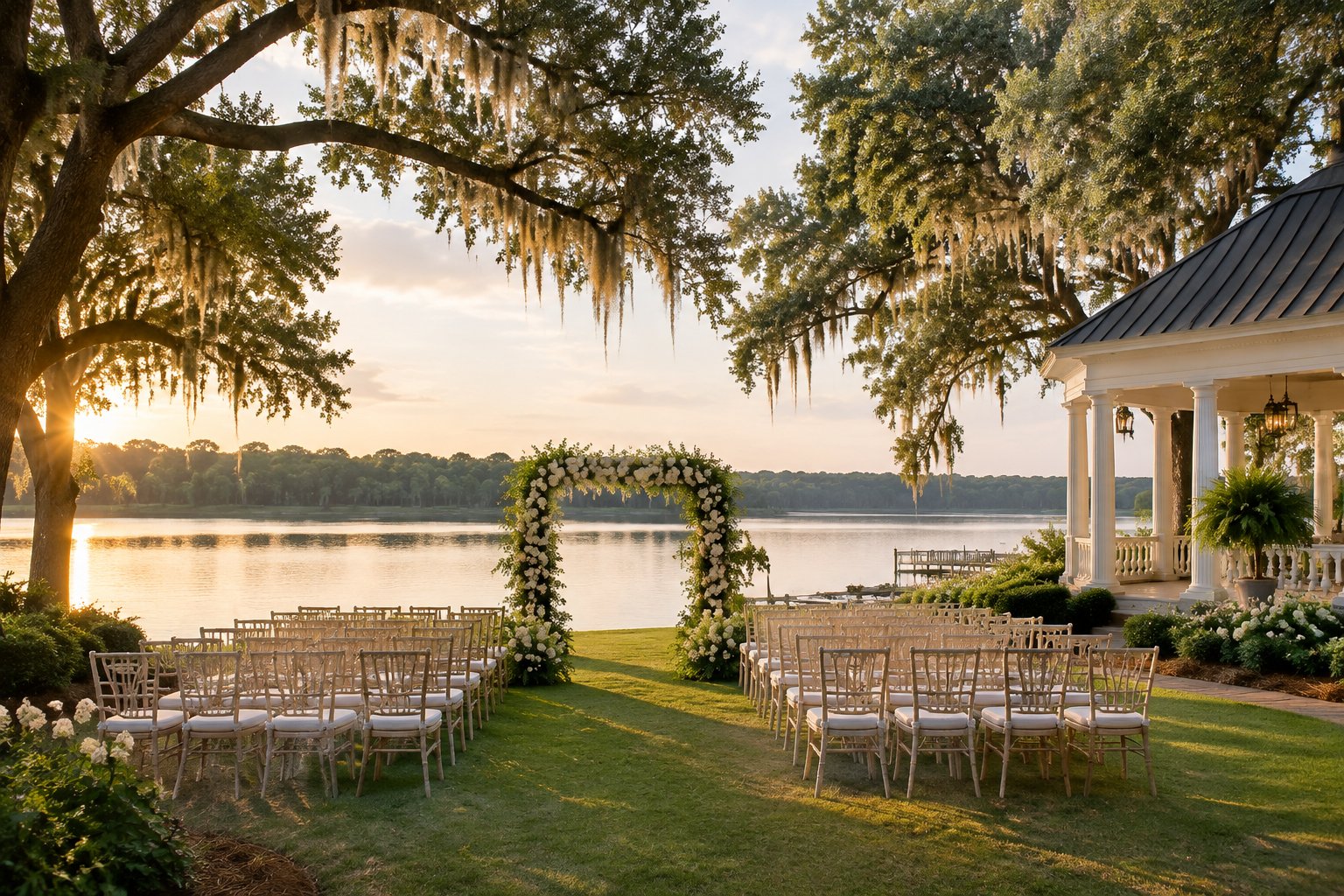 A wedding ceremony setup on a grassy lakeshore beneath a floral arch.