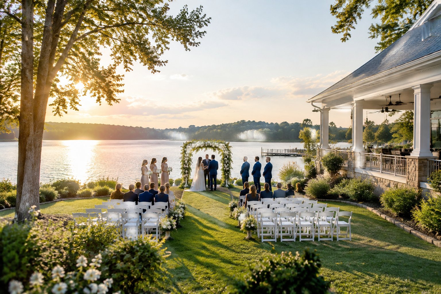 A wedding ceremony set on a lawn beside a lake.