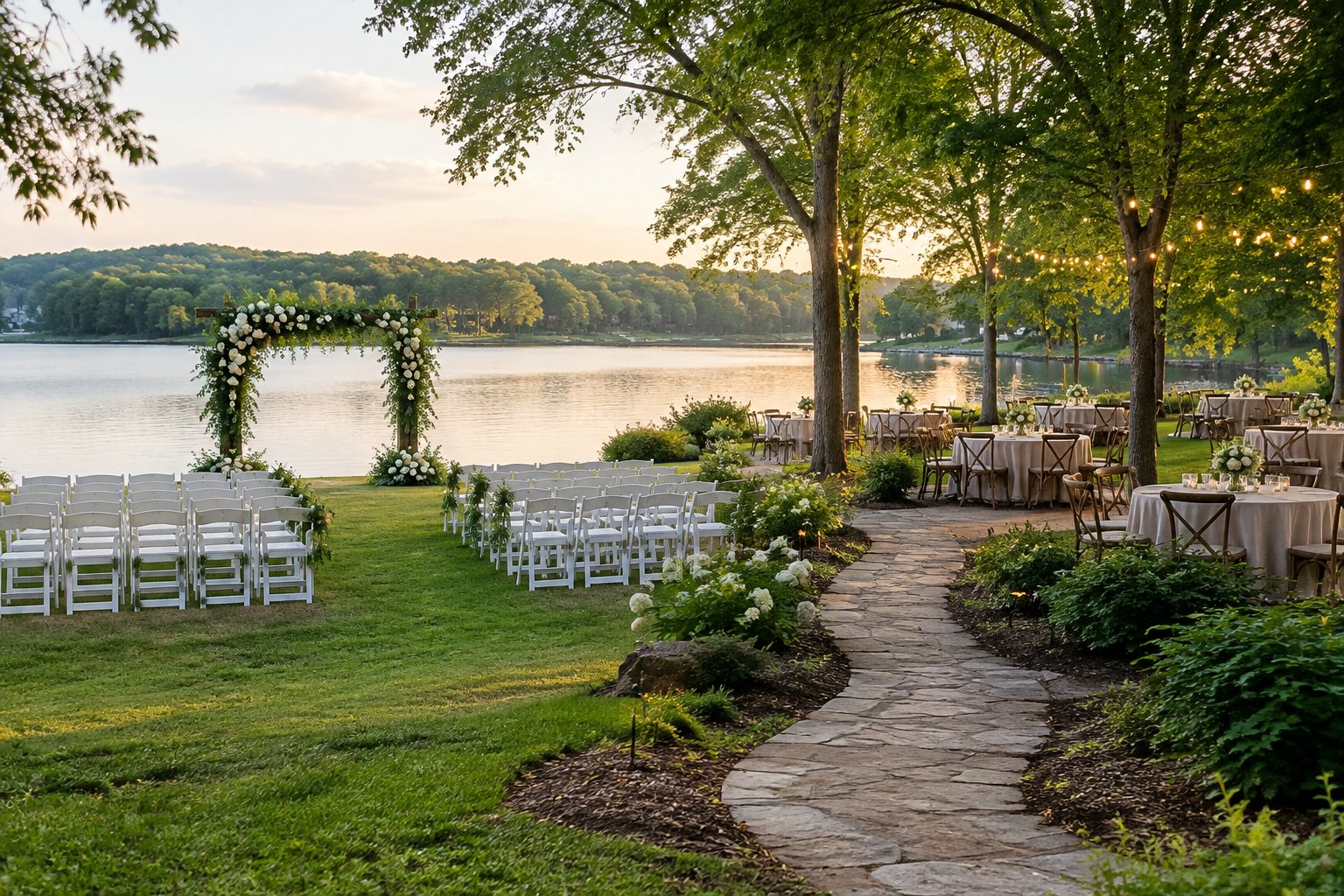 Wedding ceremony seating and reception tables beside a lake.