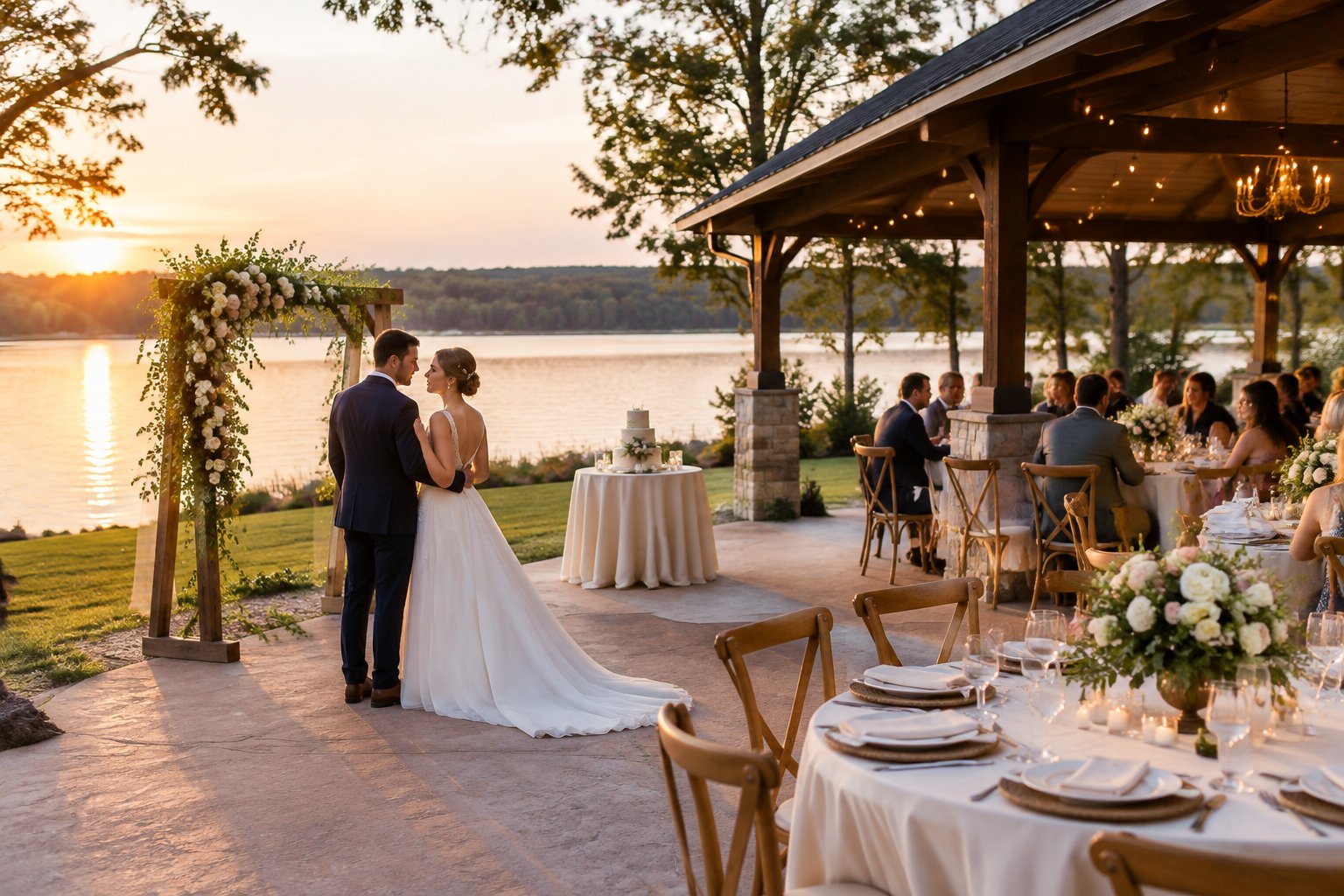 A couple stands beside a decorated wedding reception overlooking a lake.