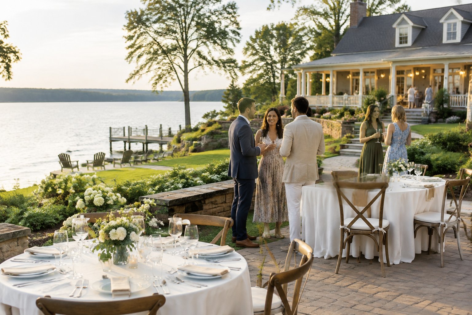 Wedding guests gather at a lakeside venue beside a reception area and guest lodging.
