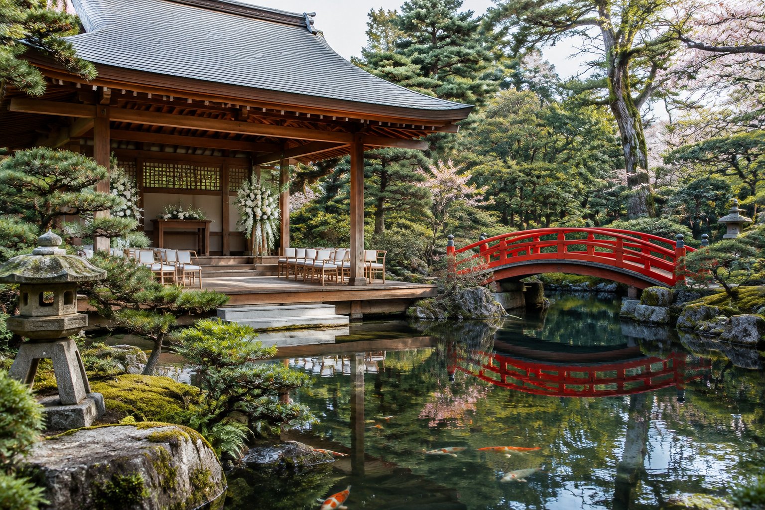 A wedding ceremony space beside a koi pond in a Japanese garden.