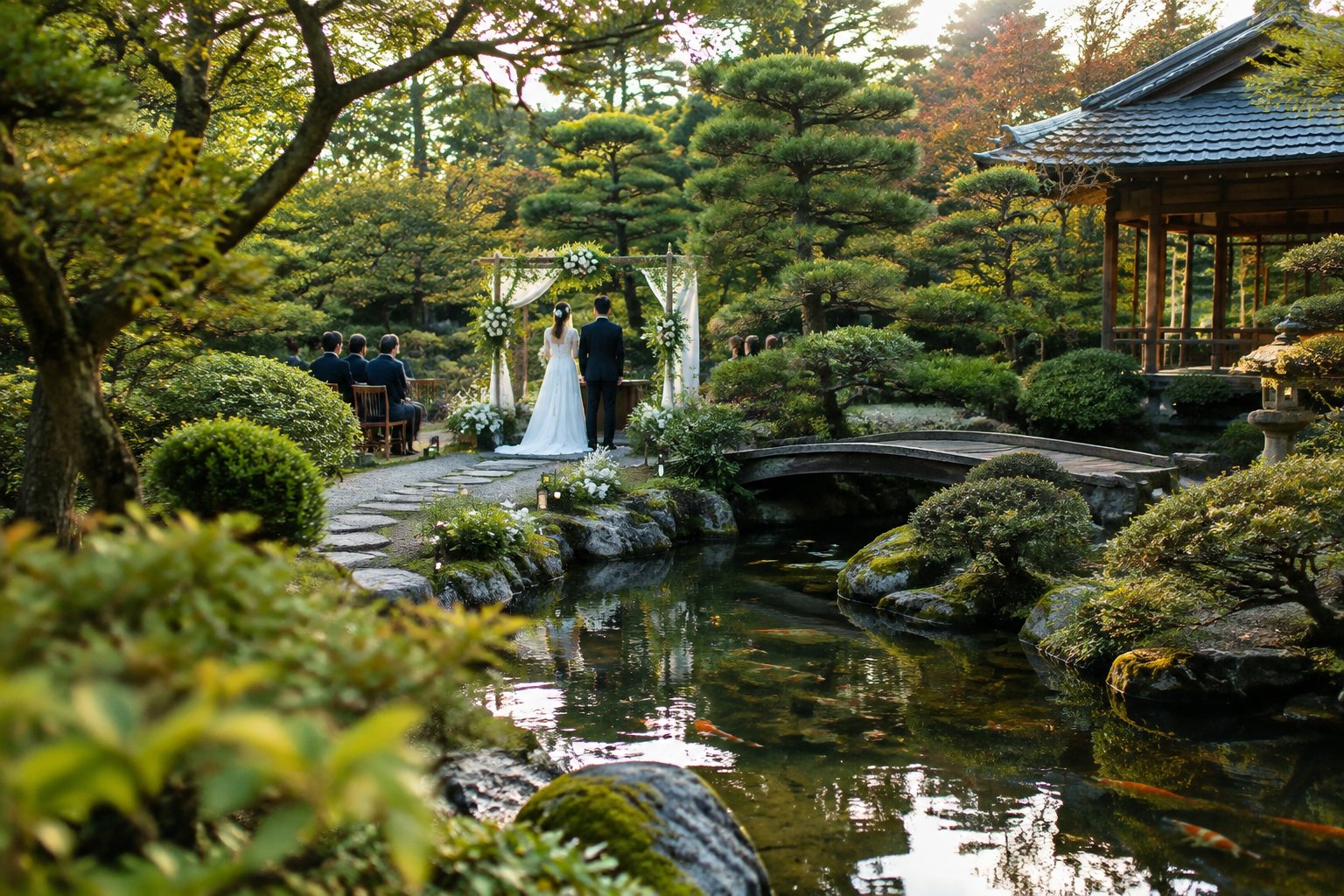 A wedding ceremony in a Japanese garden beside a pond and wooden pavilion.