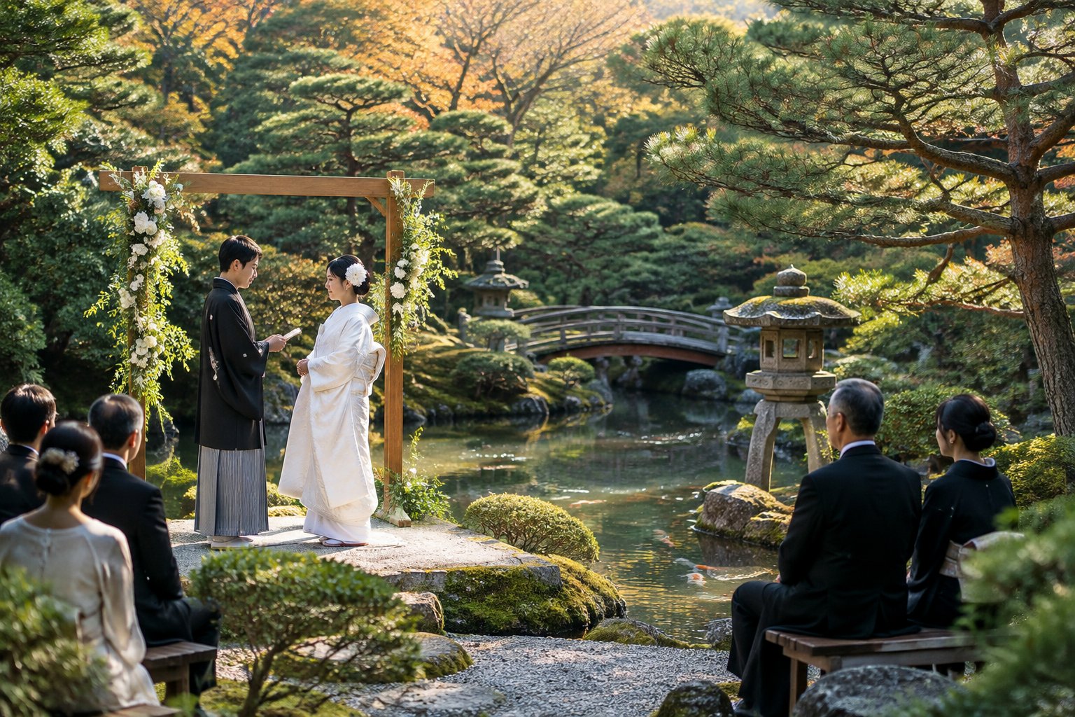 A couple exchanges wedding vows beside a koi pond in a Japanese garden.