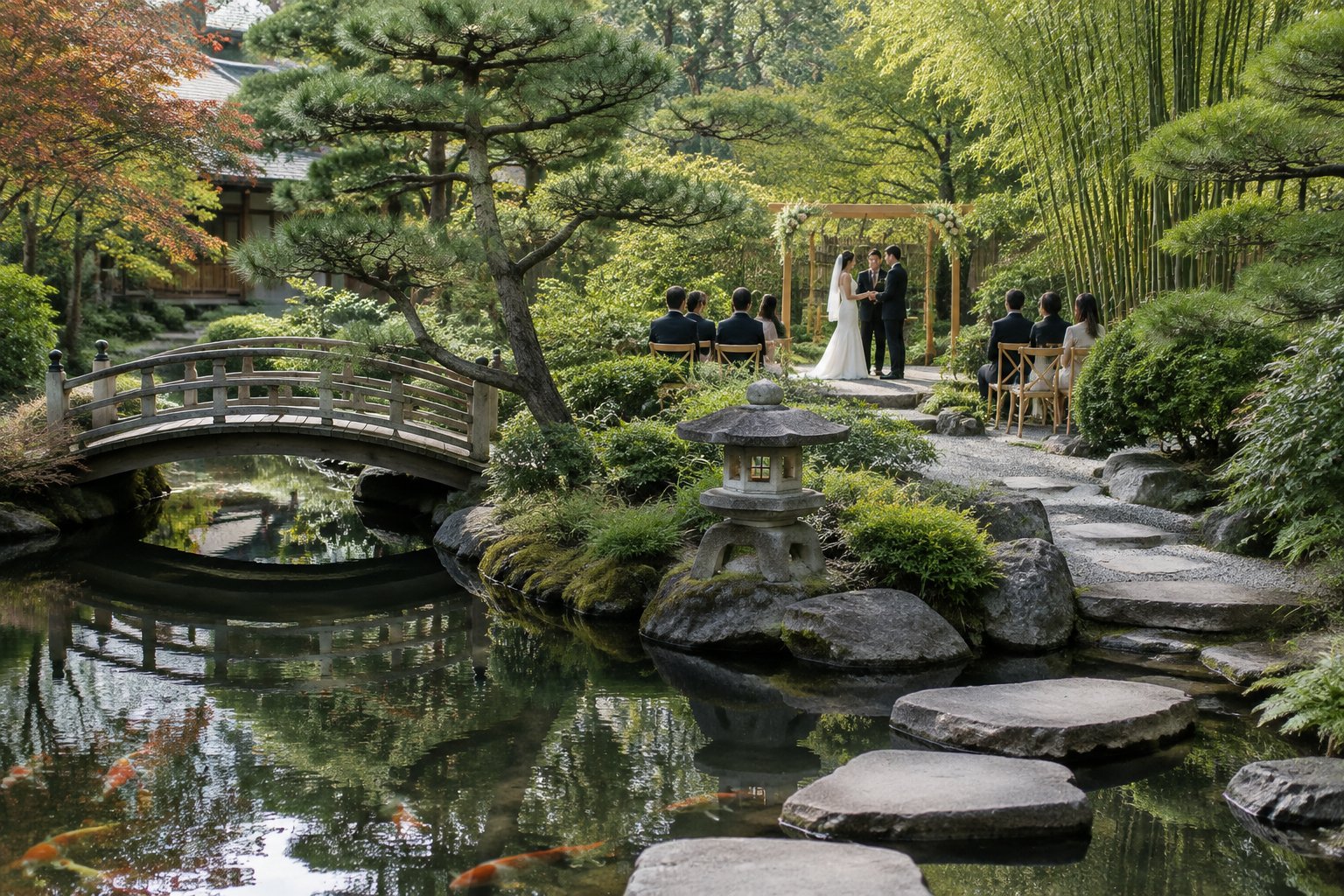 A couple stands beneath a wedding arch in a Japanese garden beside a pond and stone lantern.