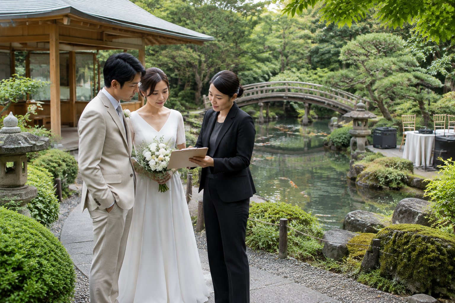 A couple and wedding planner discuss arrangements beside a path in a Japanese garden.