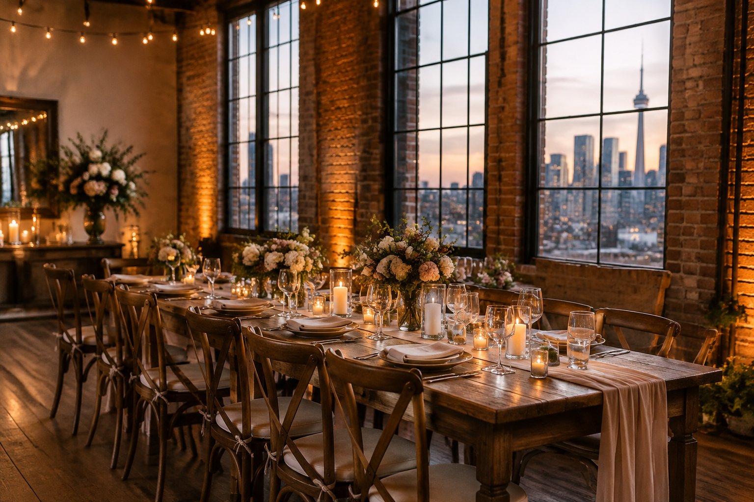 A small wedding reception set in a brick loft with candles, flowers, and city views.