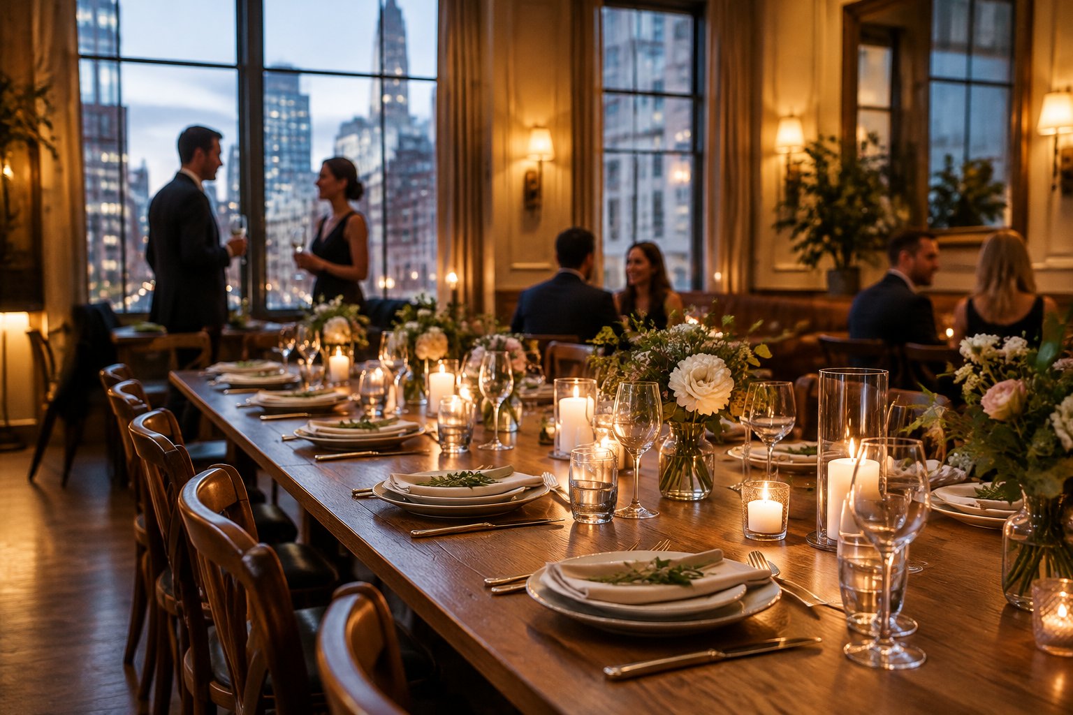 Guests gather around a candlelit dinner table in an intimate wedding reception room.