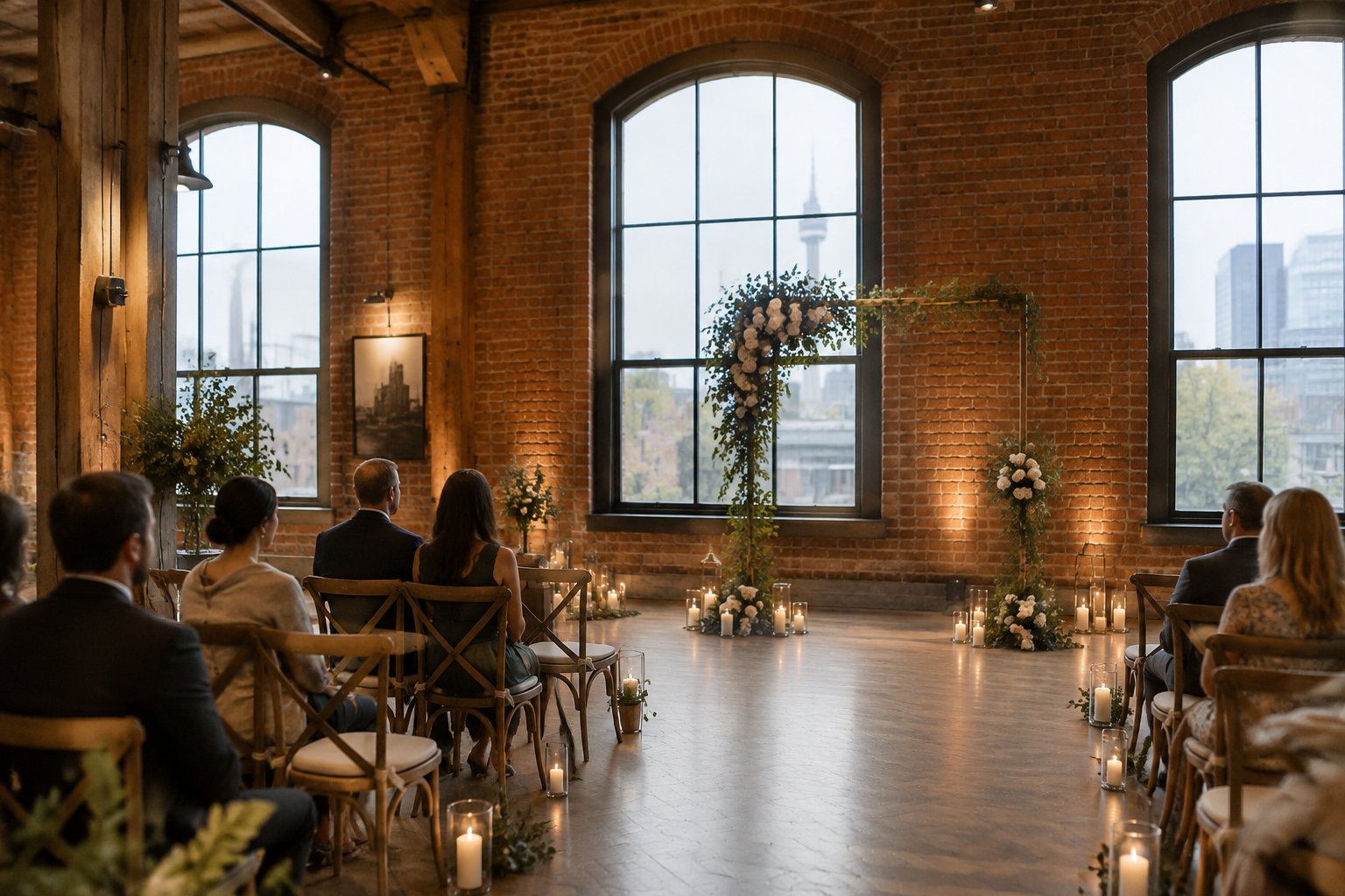 A small wedding ceremony set up in a historic loft with exposed brick and tall windows.
