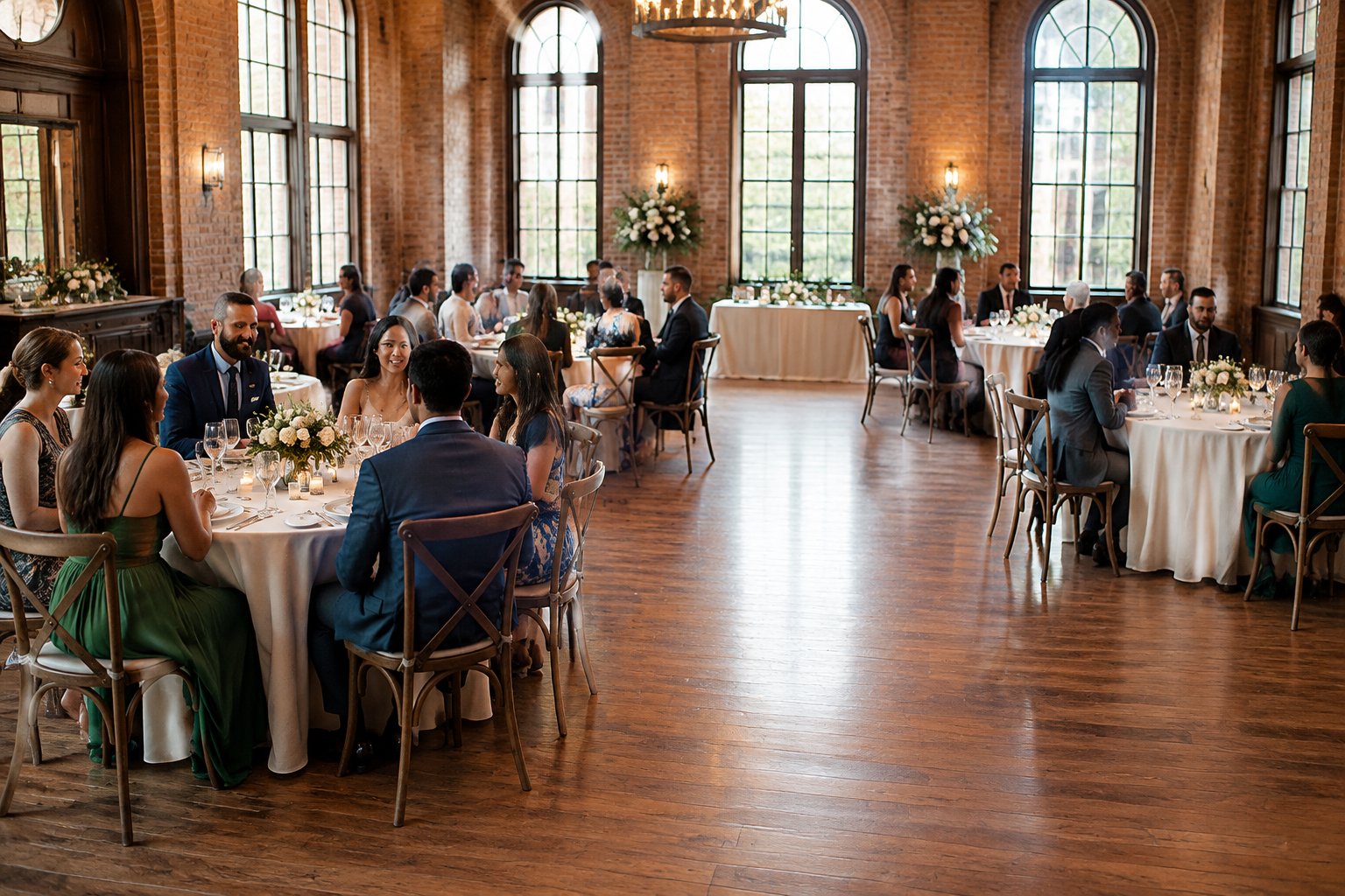 Guests seated at well-spaced tables at a small wedding reception.