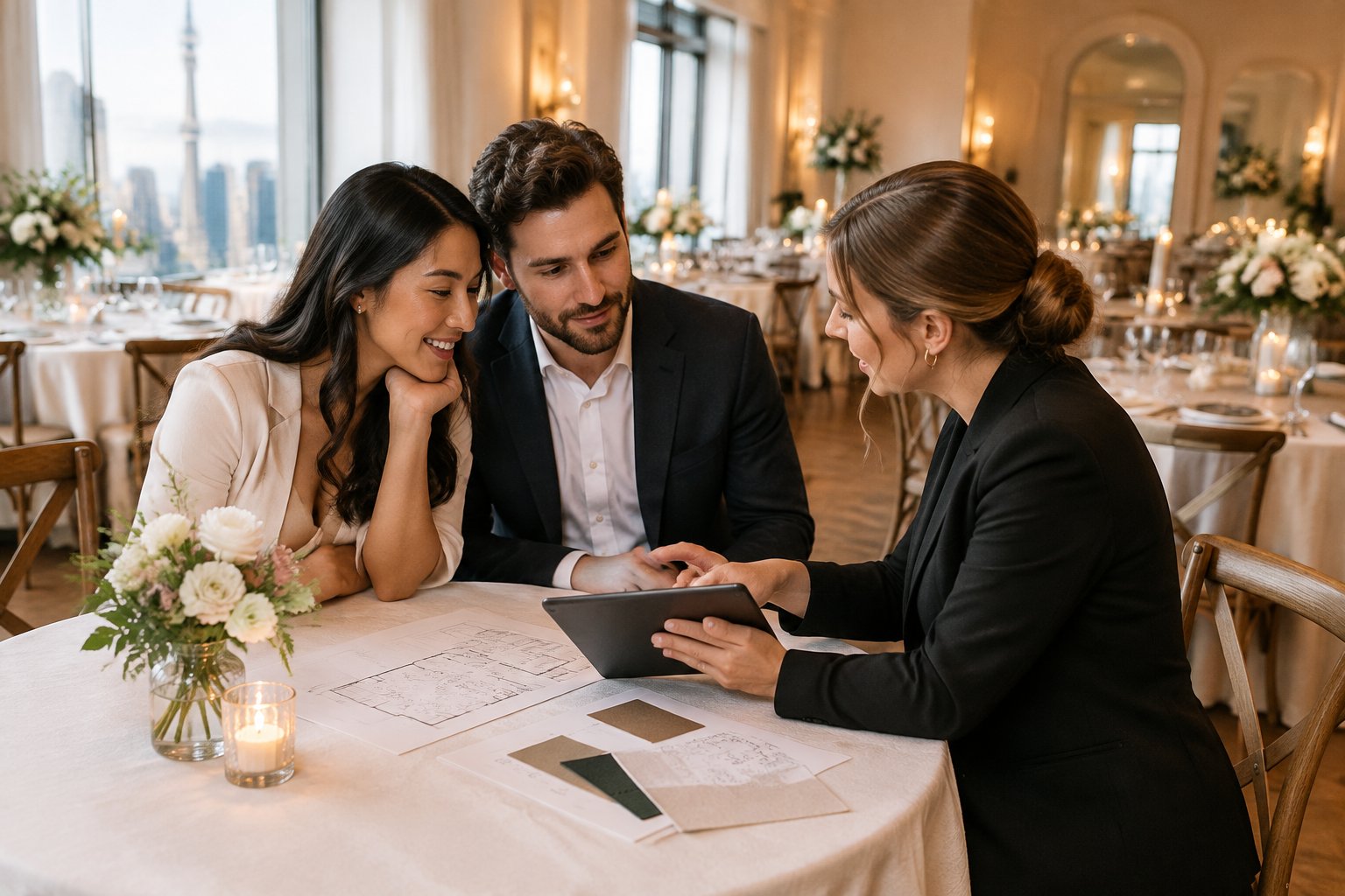 A couple discusses wedding venue options with a coordinator inside an intimate reception space.