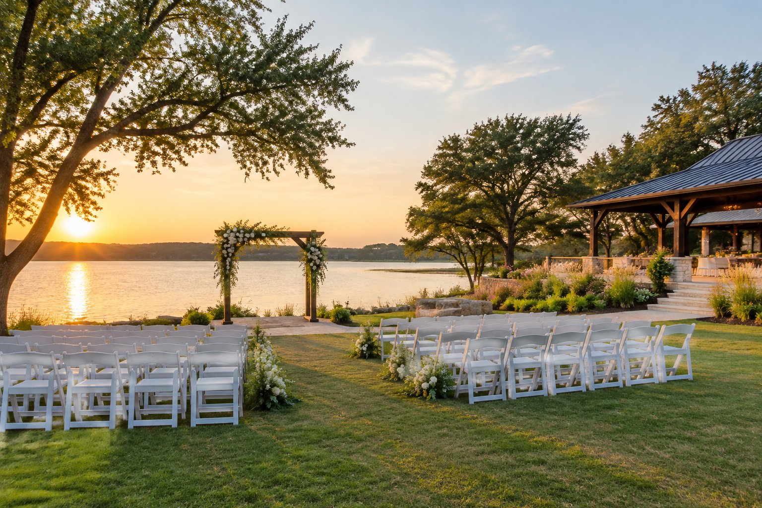 A wedding ceremony setup beside a calm lake, with rows of chairs and a floral arch.