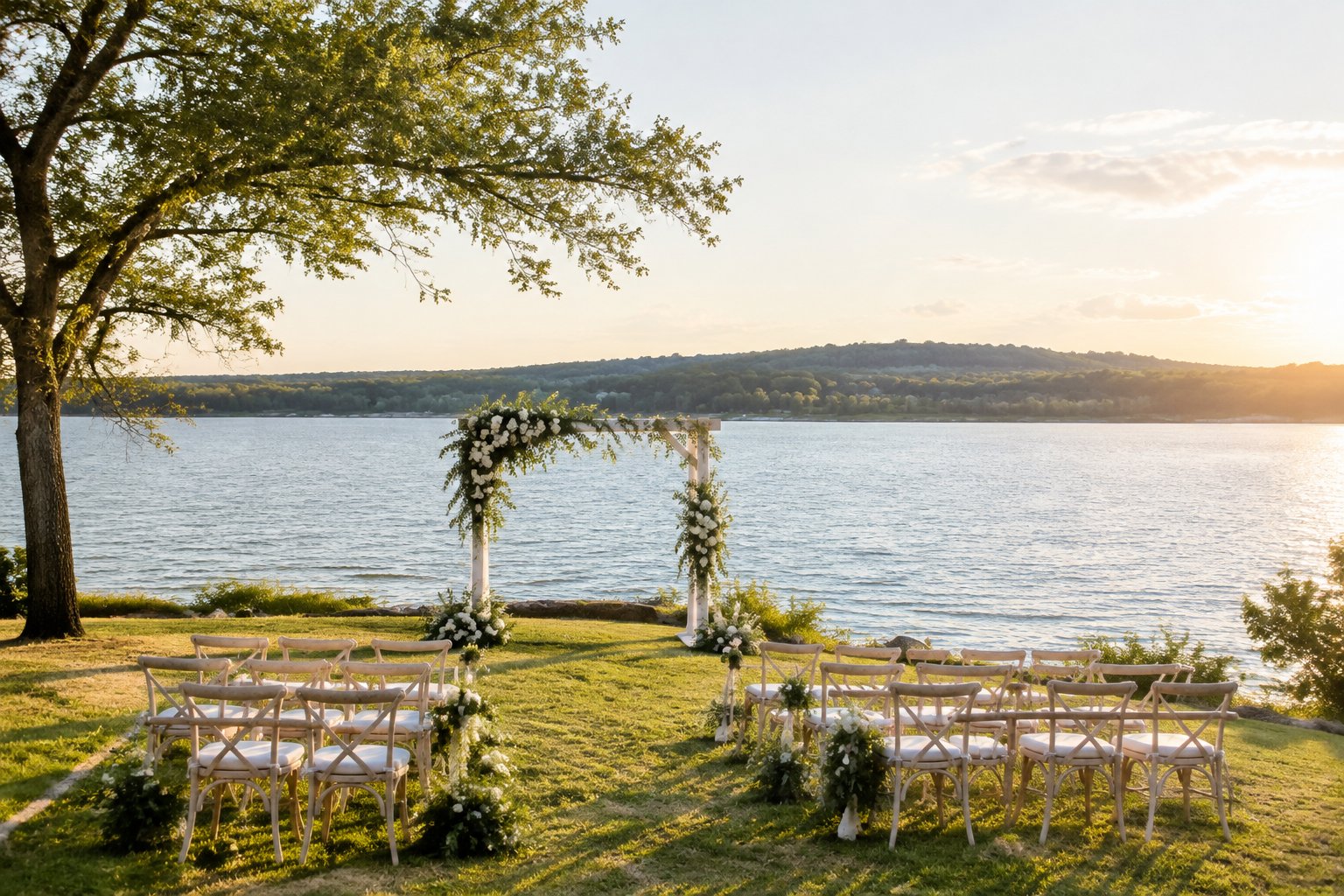 An outdoor wedding ceremony setup beside a calm lake with a tree-lined ridge in the distance.