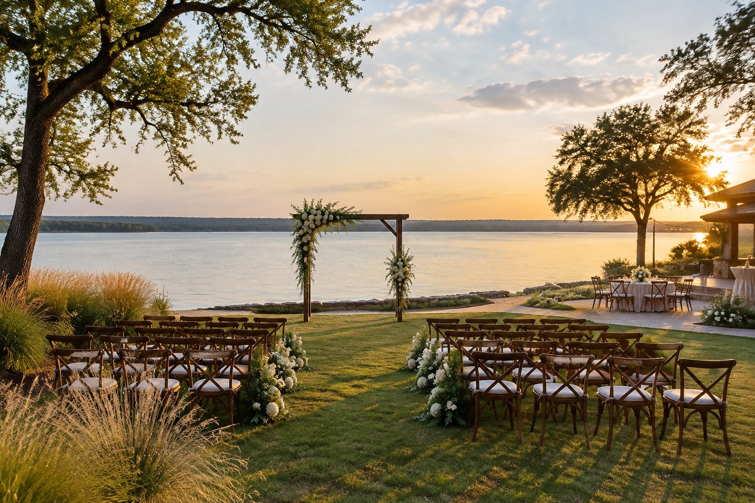 An outdoor wedding ceremony setup beside a calm lake.