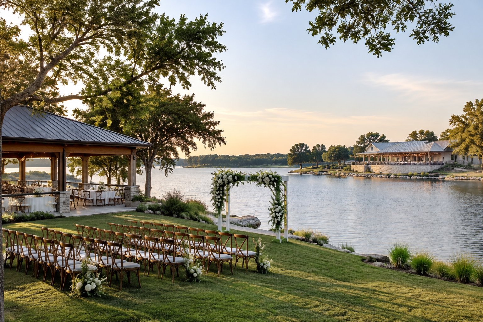 Two wedding venues sit along a calm, tree-lined lake.