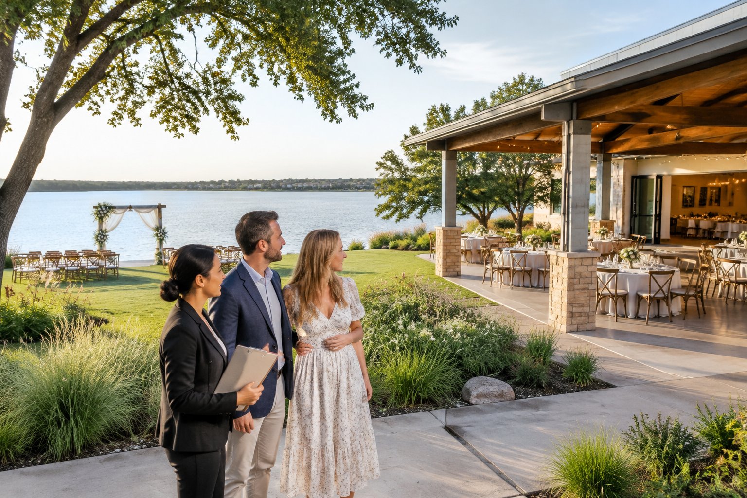 A couple and a wedding planner compare ceremony and reception spaces at a lakeside venue.