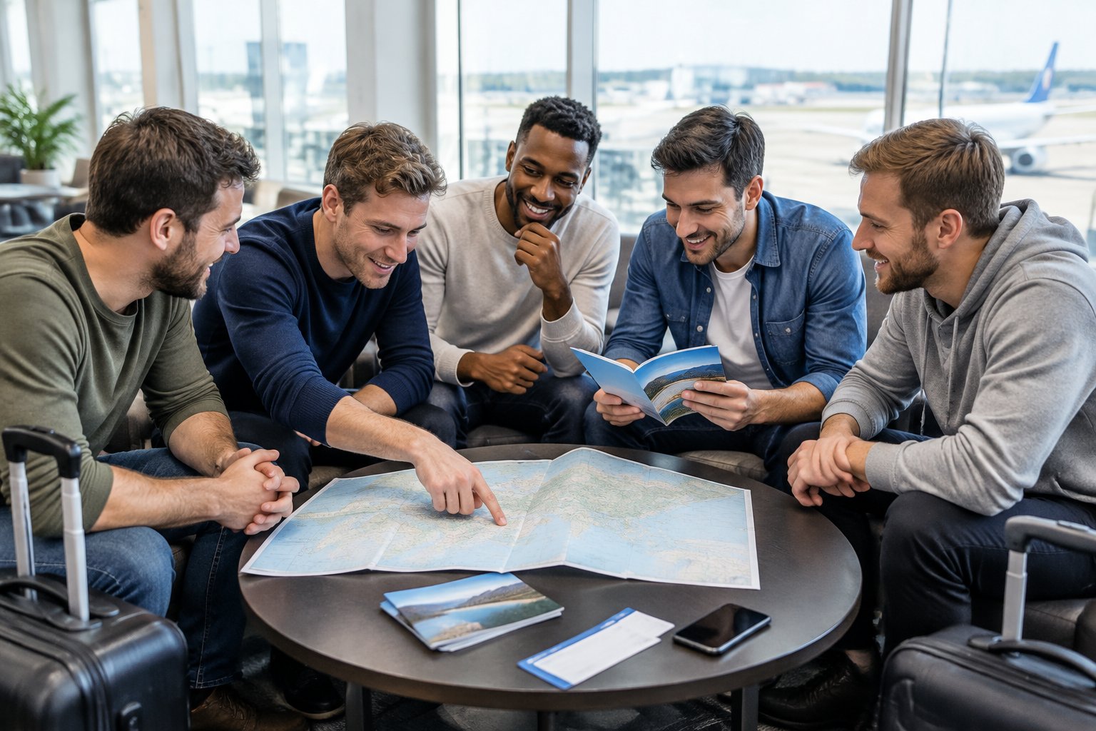A group of friends gathers around a map to plan a holiday at an airport lounge.
