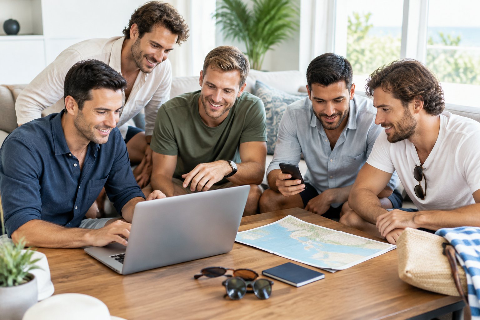 A group of friends gather around a laptop to plan a beach holiday.
