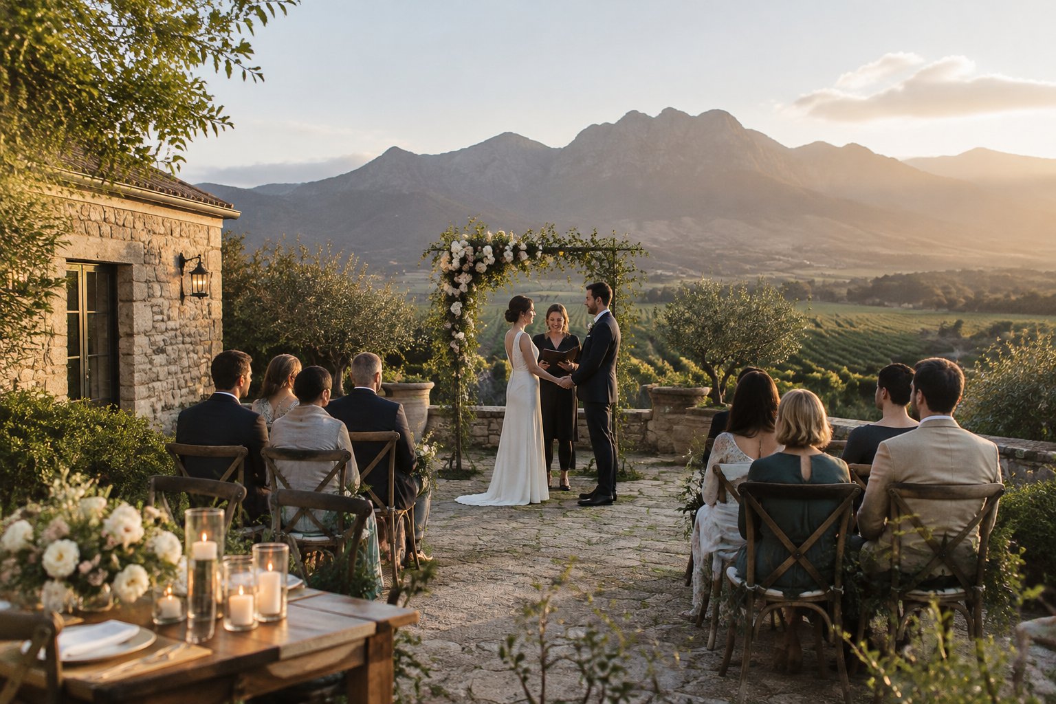 A couple celebrates their wedding with guests in a vineyard courtyard.