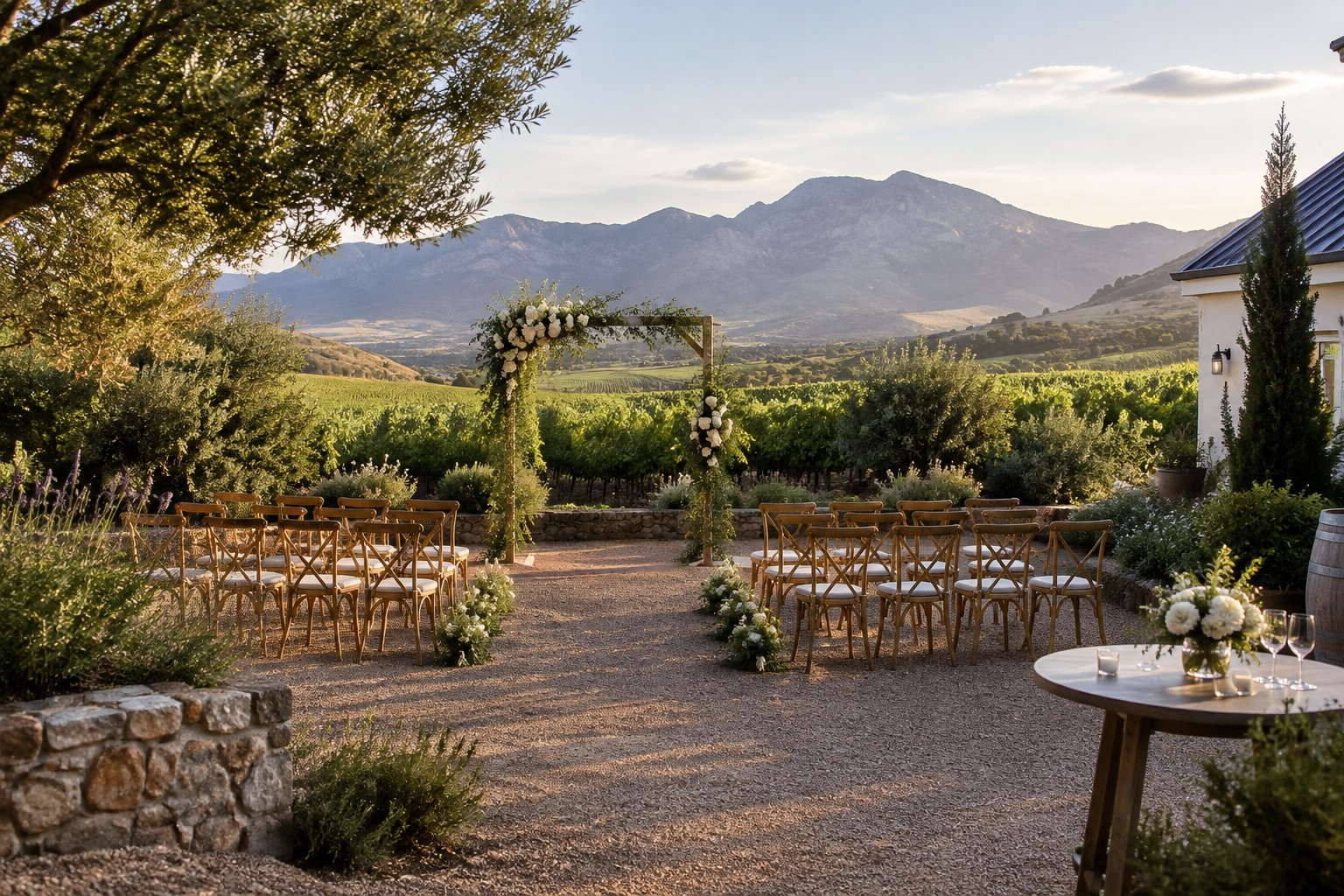 A small wedding ceremony setup in a vineyard courtyard with mountains in the distance.