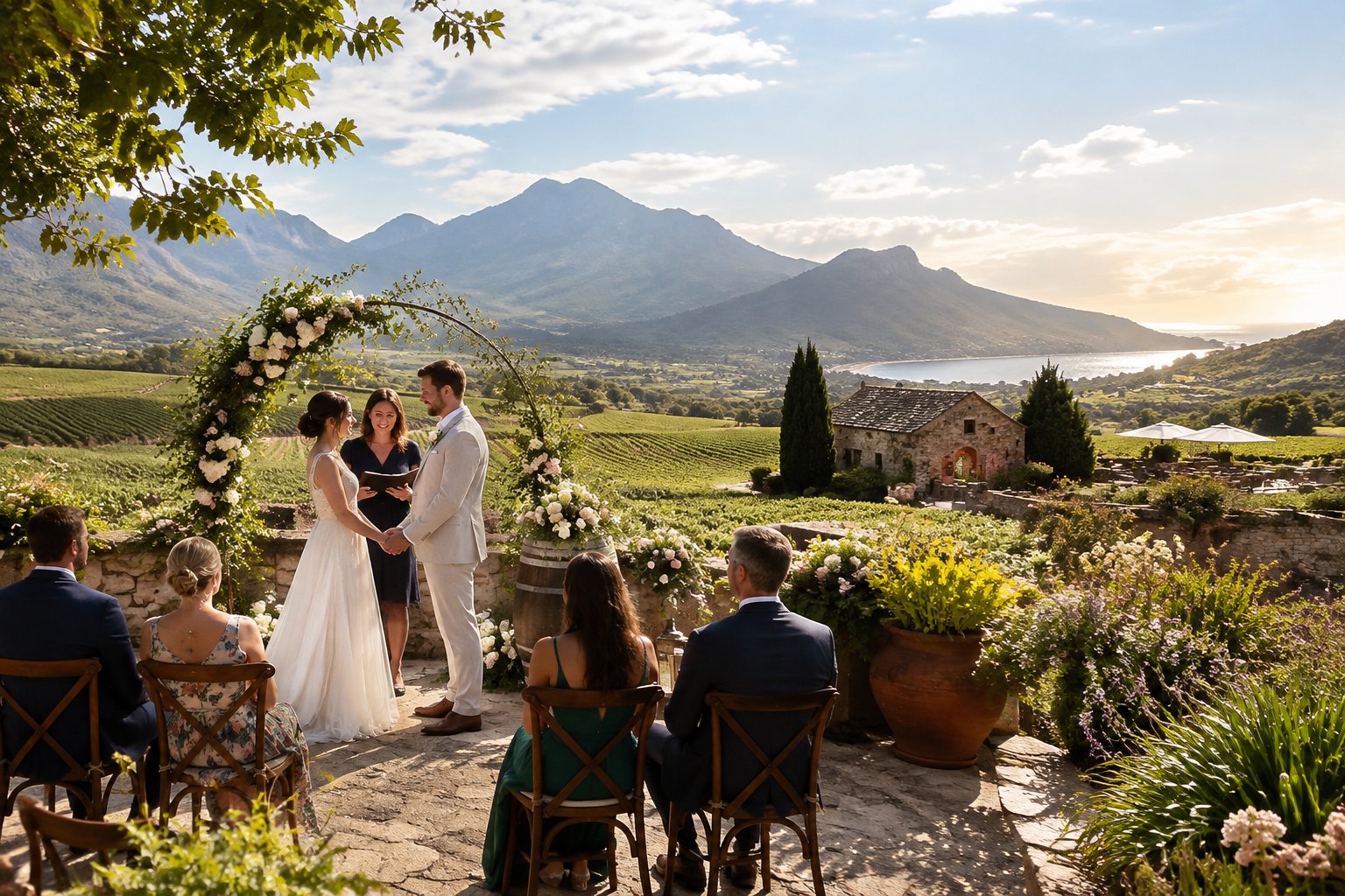 A couple exchanges vows in a vineyard courtyard with guests and mountains in the background.
