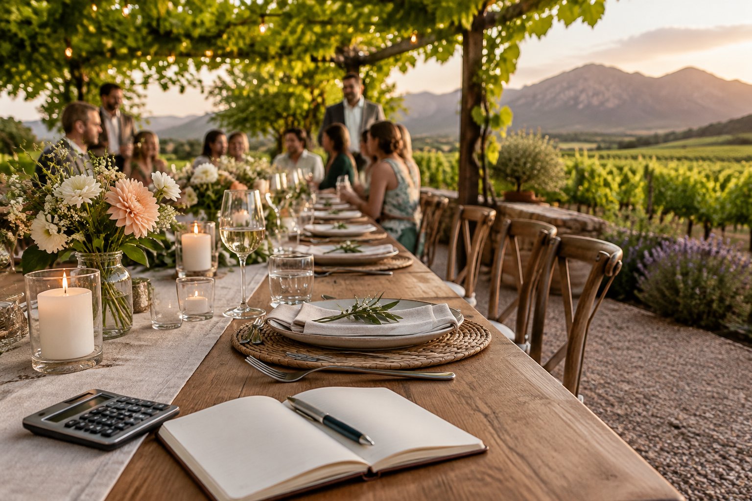 A small wedding dinner set at a vineyard venue with a calculator and notebook on the table.