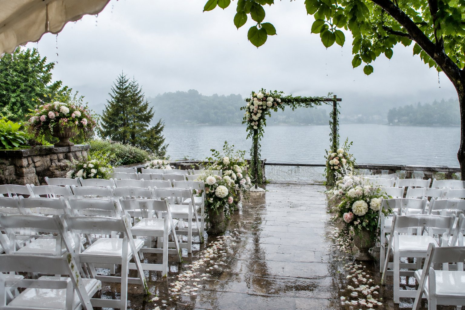 A flower-decorated wedding ceremony setup beside a lake after rain.