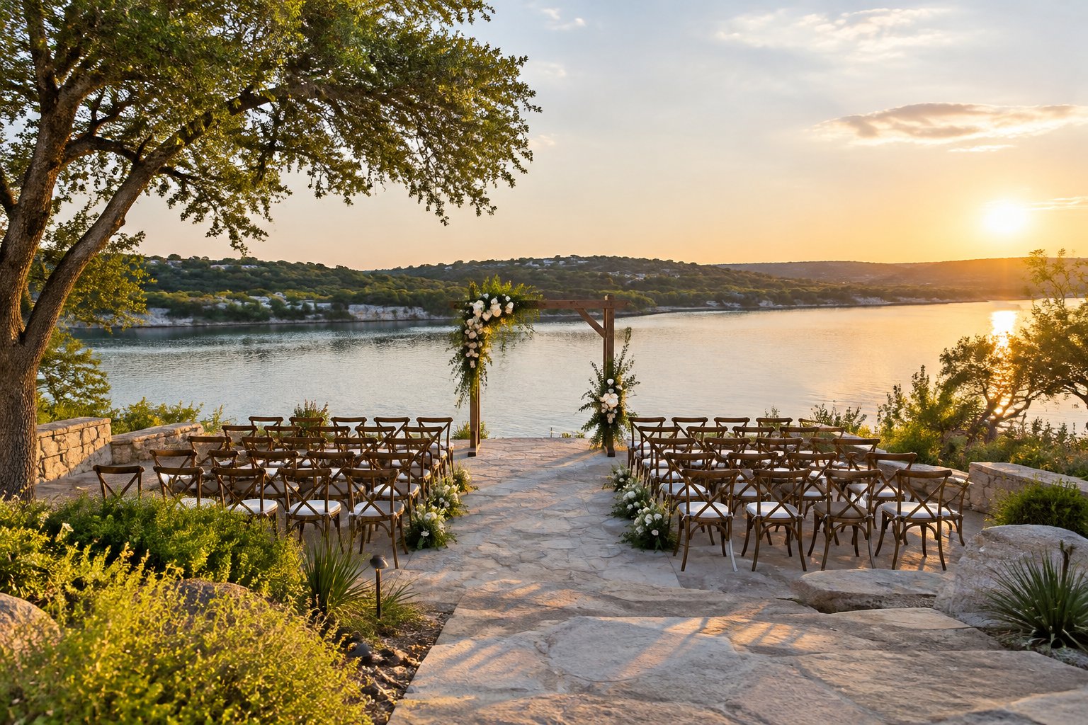An outdoor wedding ceremony set beside a calm lake in the Texas Hill Country.