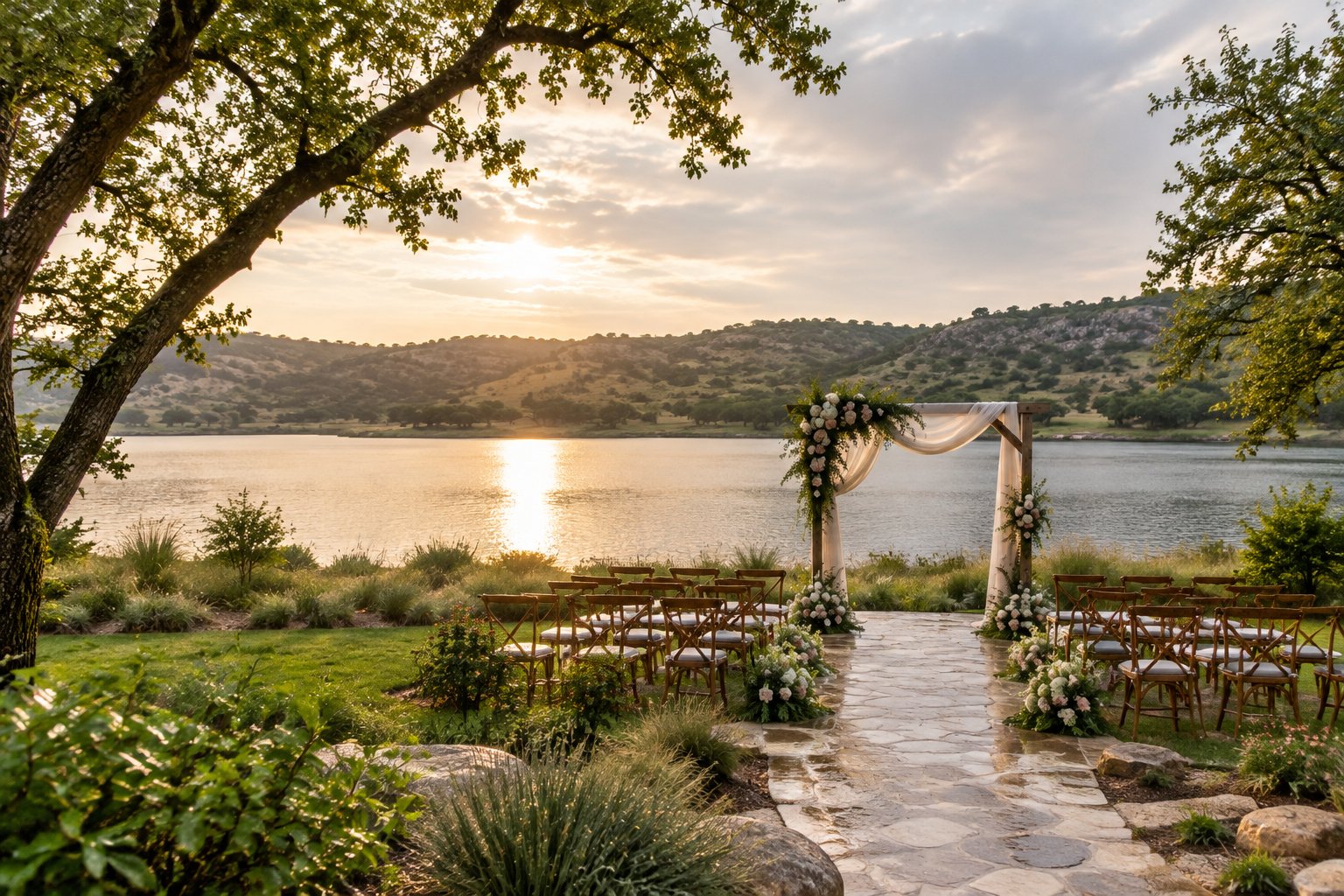 A wedding ceremony setup beside a lake with rolling hills in the background.